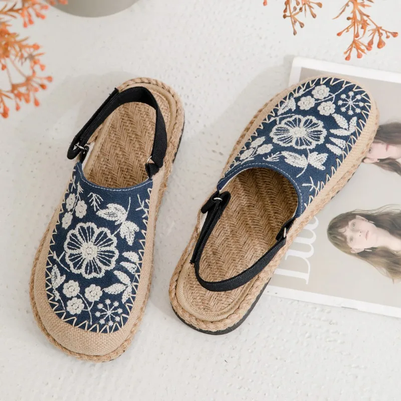 Ethnic Chic Fashion - 中国風ファッションレディースベアフットシューズモノクロ刺繍花柄サマービーチサンダル幅広ヘッドエスニックリネンフラットシューズ