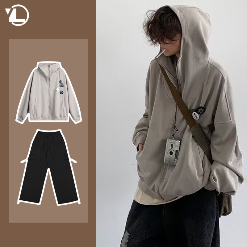 Haori Japanese Jacket - メンズスウェットシャツセット,和風カジュアルウェア,ジッパー付きフリース,レトロ,ワイドレッグ,ストリートウェア,秋
