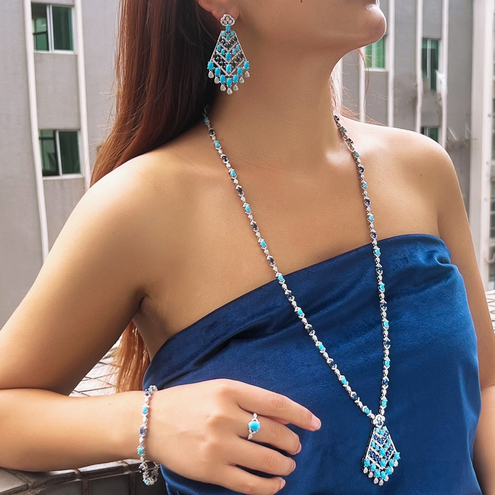 Ethnic Fashion In Dubai - CWWZircons 4 個エレガントなブルーターコイズ CZ ダングルドロップタッセルロングネックレス女性ウェディングパーティードバイブライダルジュエリーセット T0949