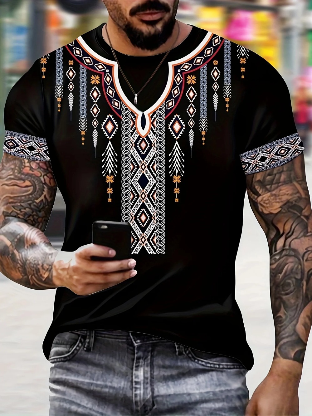 Y2K Ethnic Fashion - エスニックスタイルパターンクリエイティブ Digita3DPrint スポーツ速乾性ブリーザ男性 Tシャツアウトドアストリートファッション Y2K 親子服