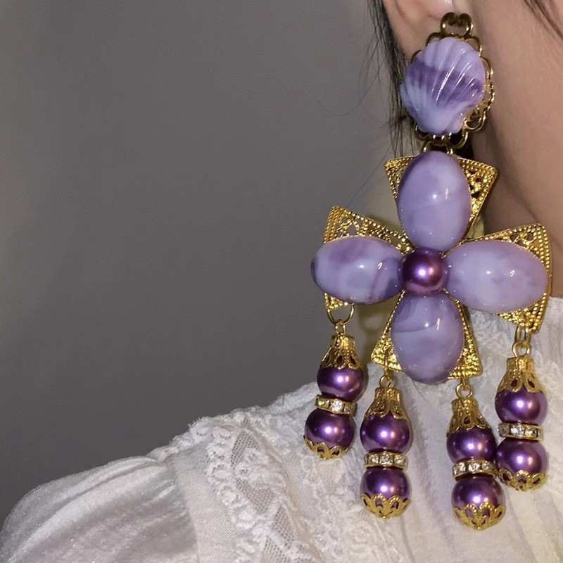 Ethnic Fashion Brand - ビッグブランドの誇張された気質、高級感、壮大な紫の花のクロス、超大型のキャットウォークイヤリング