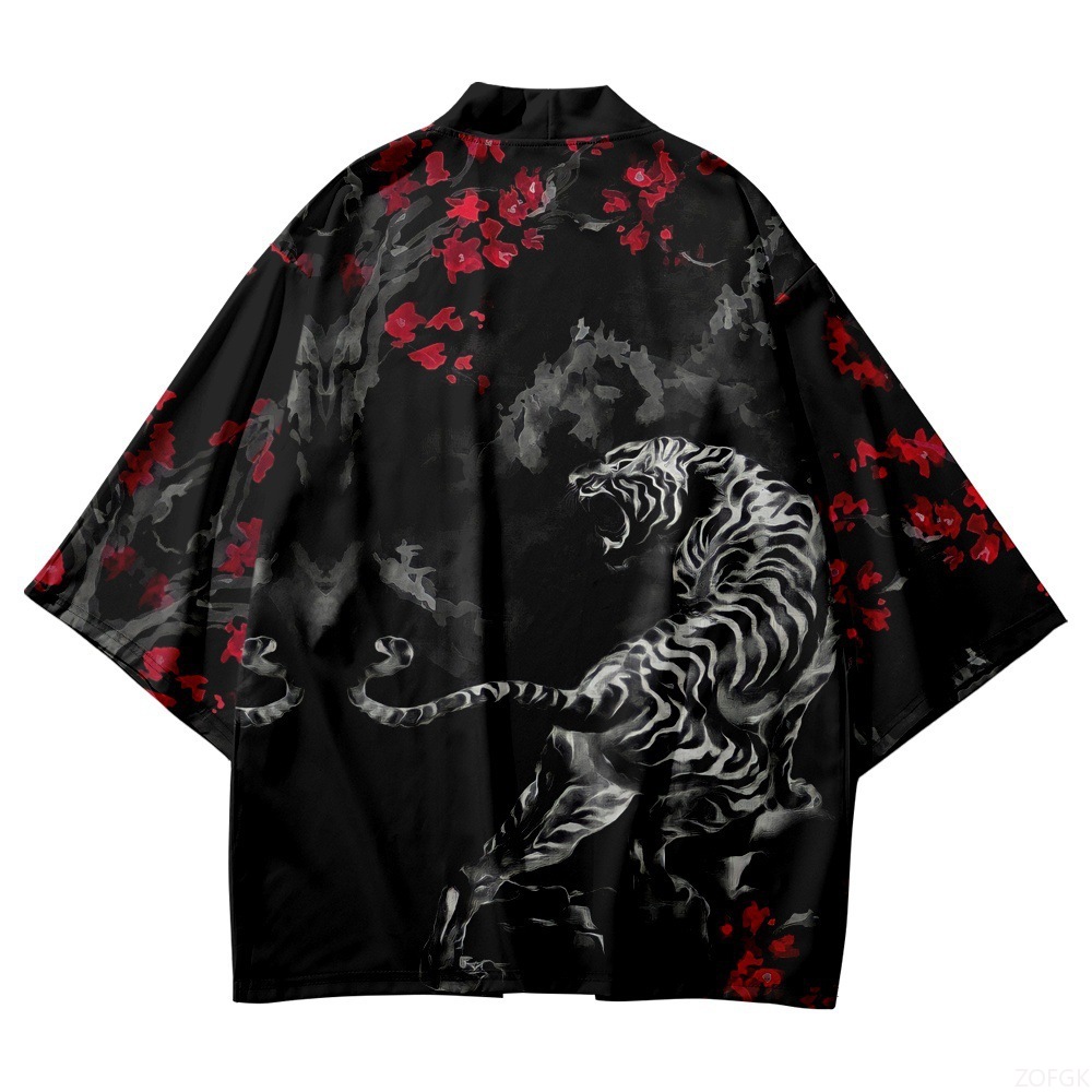 Haori Japanese Jacket - 黒着物オープンカラー男性と女性の日本の帯男性の浴衣少年羽織アニメ虎柄ジャケットトップ