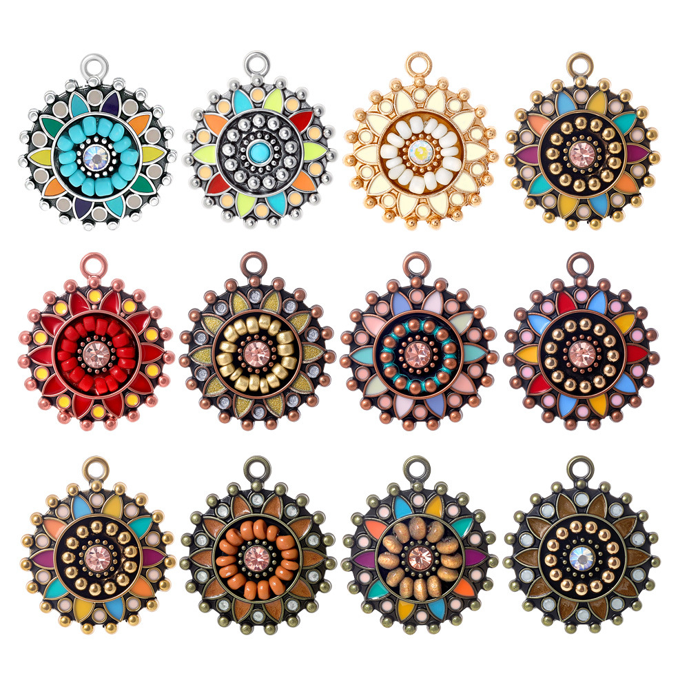 Ethnic Fashion Accessories - ヴィンテージボヘミアエスニックエナメルラウンドチャームペンダント DIY ジュエリー作成用女性レディースイヤリングネックレスアクセサリーパーツ