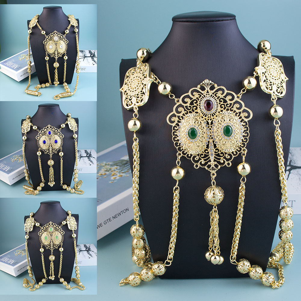 Ethnic Chic Fashion - Sunspicems-女性のためのモコウェディングジュエリー,ロングネックレス,バックチェーン付き,ゴールドカラー,モーコスタイル