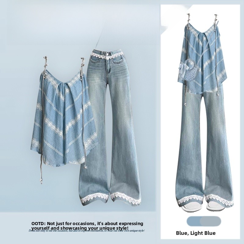 Ethnic Fashion Design - 夏らしいデザインのセクシーなブルーエスニックスタイル、レーストリムデニムセット、ストラップベスト付きのおしゃれな3ピーススーツ、長袖Vネックトップス