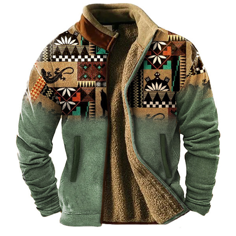 Ethnic Wear Men'S Fashion - 冬用メンズ長袖フルジッパーウール裏地ジャケット、冬に暖かい、厚くてファッショナブル、ホームウェア、豪華なエスニック柄