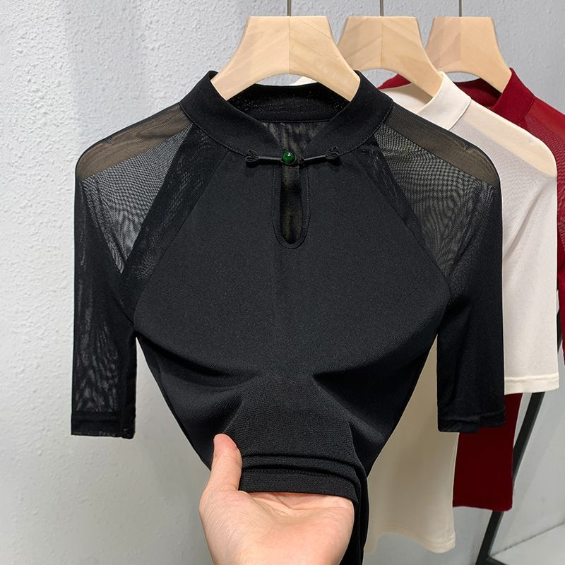 エスニックスタイルメッシュ半袖Tシャツ新しい秋中国風ボタンア - Ethnic Chic Fashion のレビューと価格
