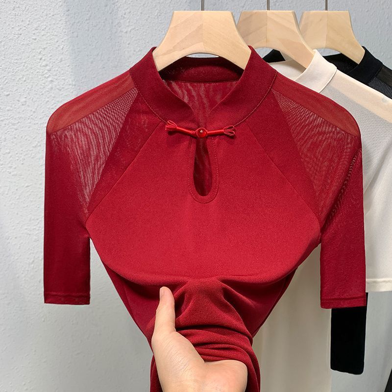 エスニックスタイルメッシュ半袖Tシャツ新しい秋中国風ボタンア - Ethnic Chic Fashion のレビューと価格