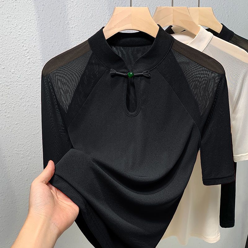 エスニックスタイルメッシュ半袖Tシャツ新しい秋中国風ボタンア - Ethnic Chic Fashion のレビューと価格