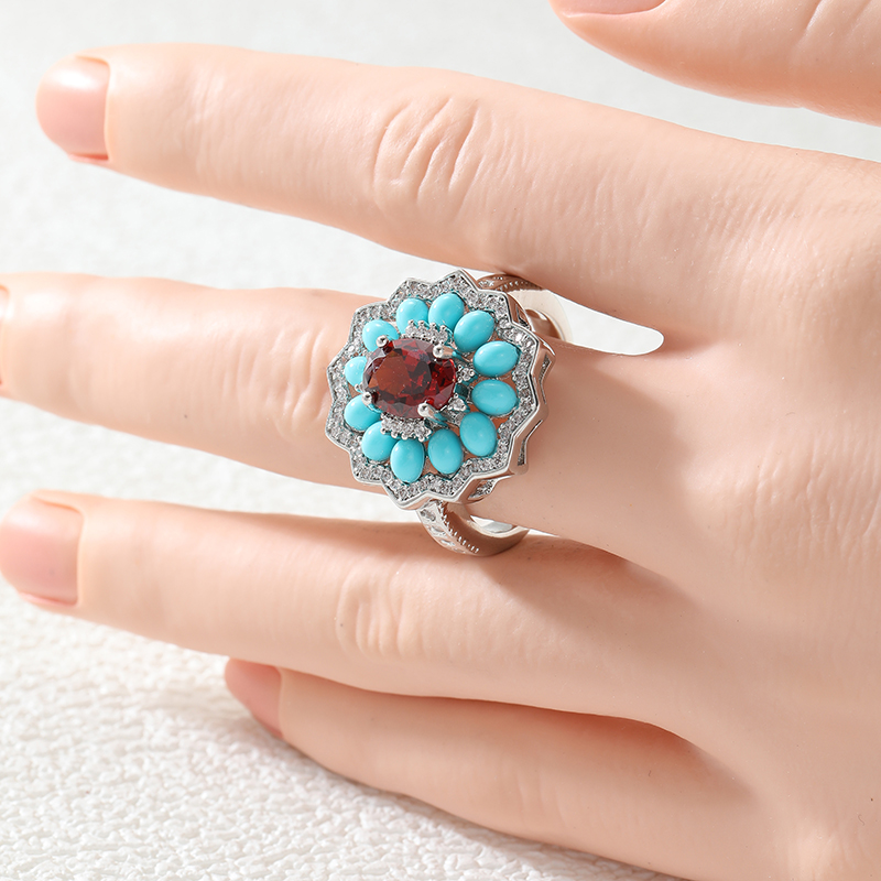 エスニックスタイル合成ターコイズ光沢のある花柄リング女性用エ - Ethnic Chic Fashion のレビューと価格