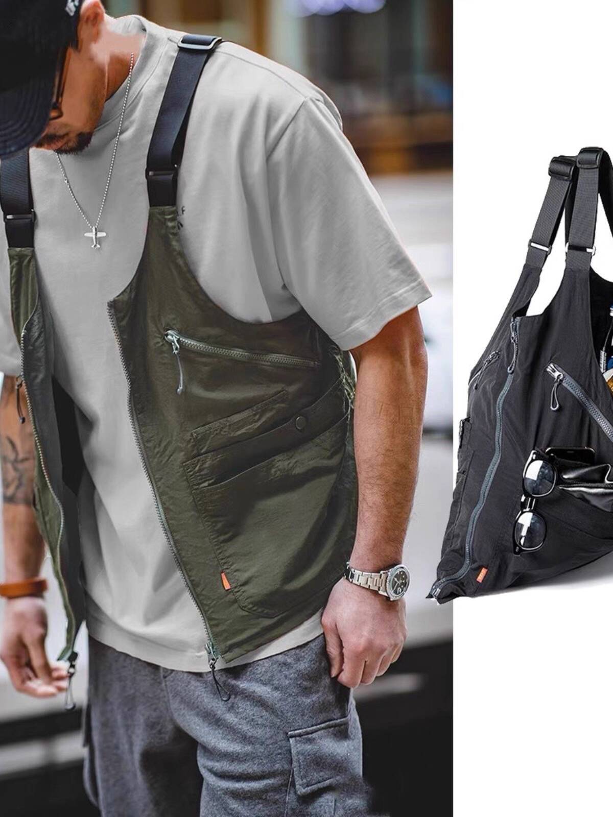 レトロ機能的なカーゴベスト男性ルーズ日本製マルチポケットノー - Haori Japanese Jacket のレビューと価格