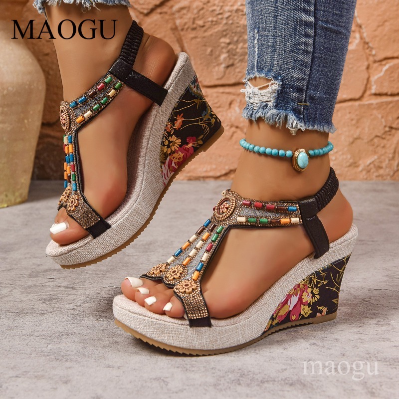 ボヘミアンビーズ付き花柄ウェッジサンダル女性用オープントゥ弾 - Ethnic Modern Fashion のレビューと価格
