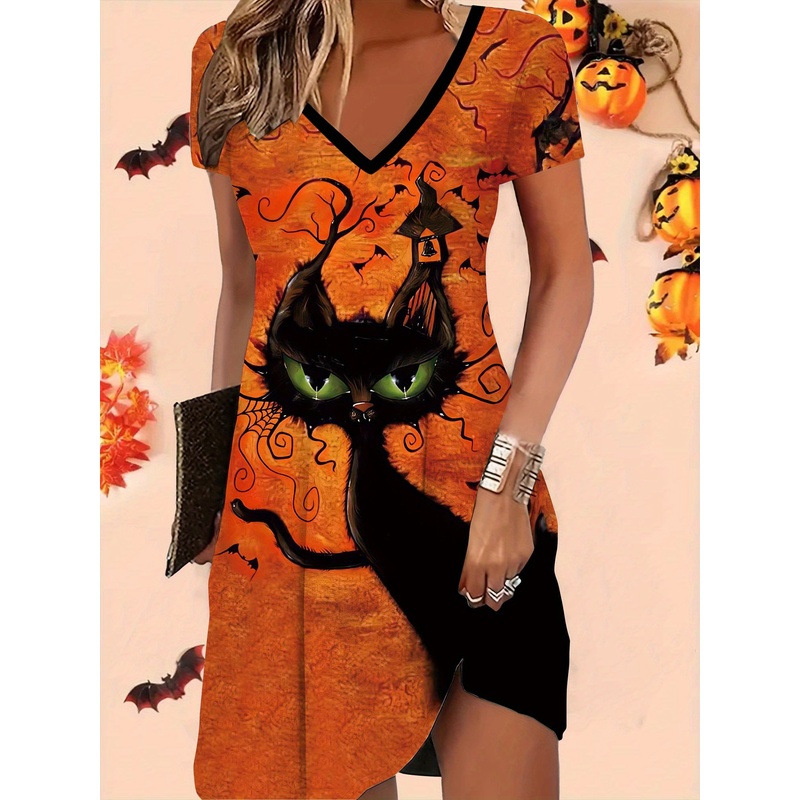 黒猫の頭の形をしたハロウィーンプリント、セクシー、スリムフィ - Y2K Ethnic Fashion のレビューと価格